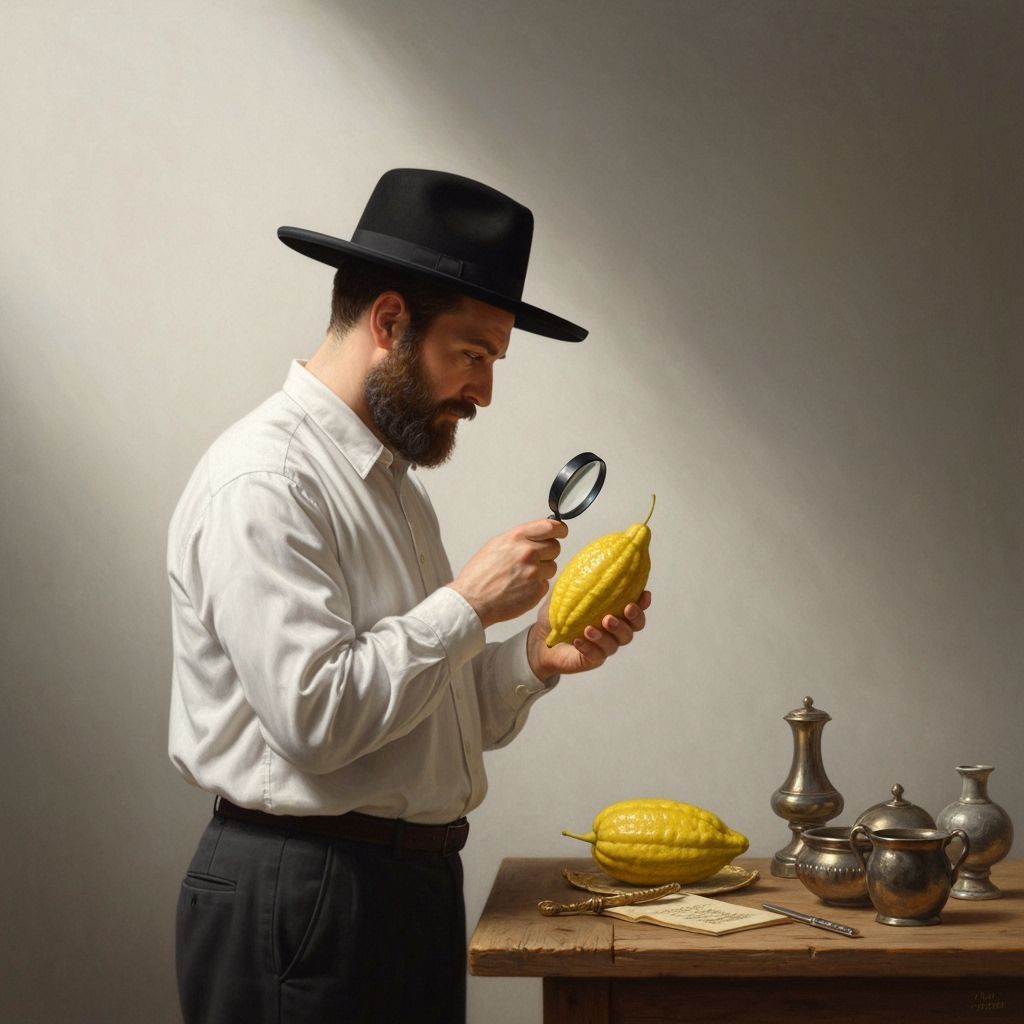 Man Examines Etrog With Magnifying Glass in Realistic Style