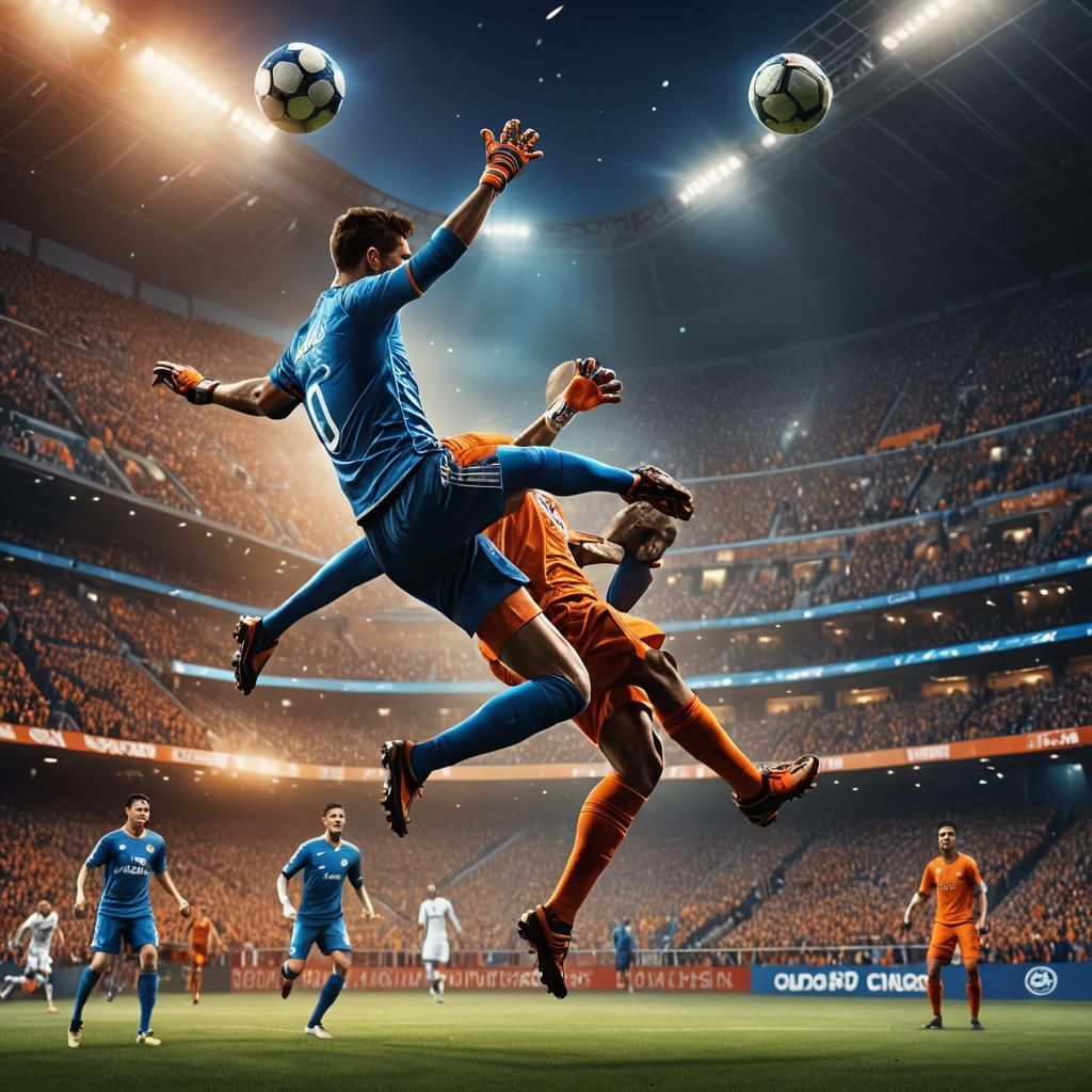 A football player hitting a bicycle kick but the goalkeeper ...
