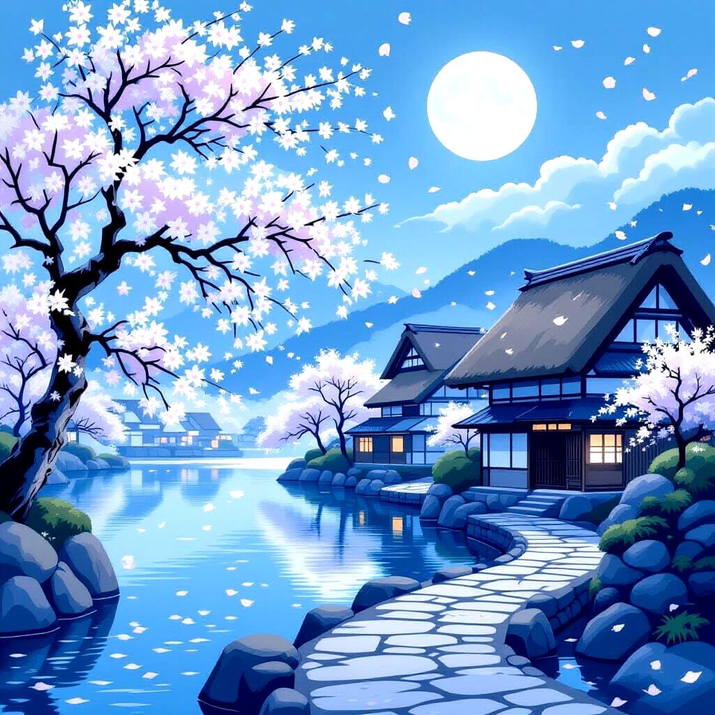 A serene Japanese village nestled beside a tranquil lake, bathed in the soft, ethereal light of a full moon. White cherry blossoms drift gen...