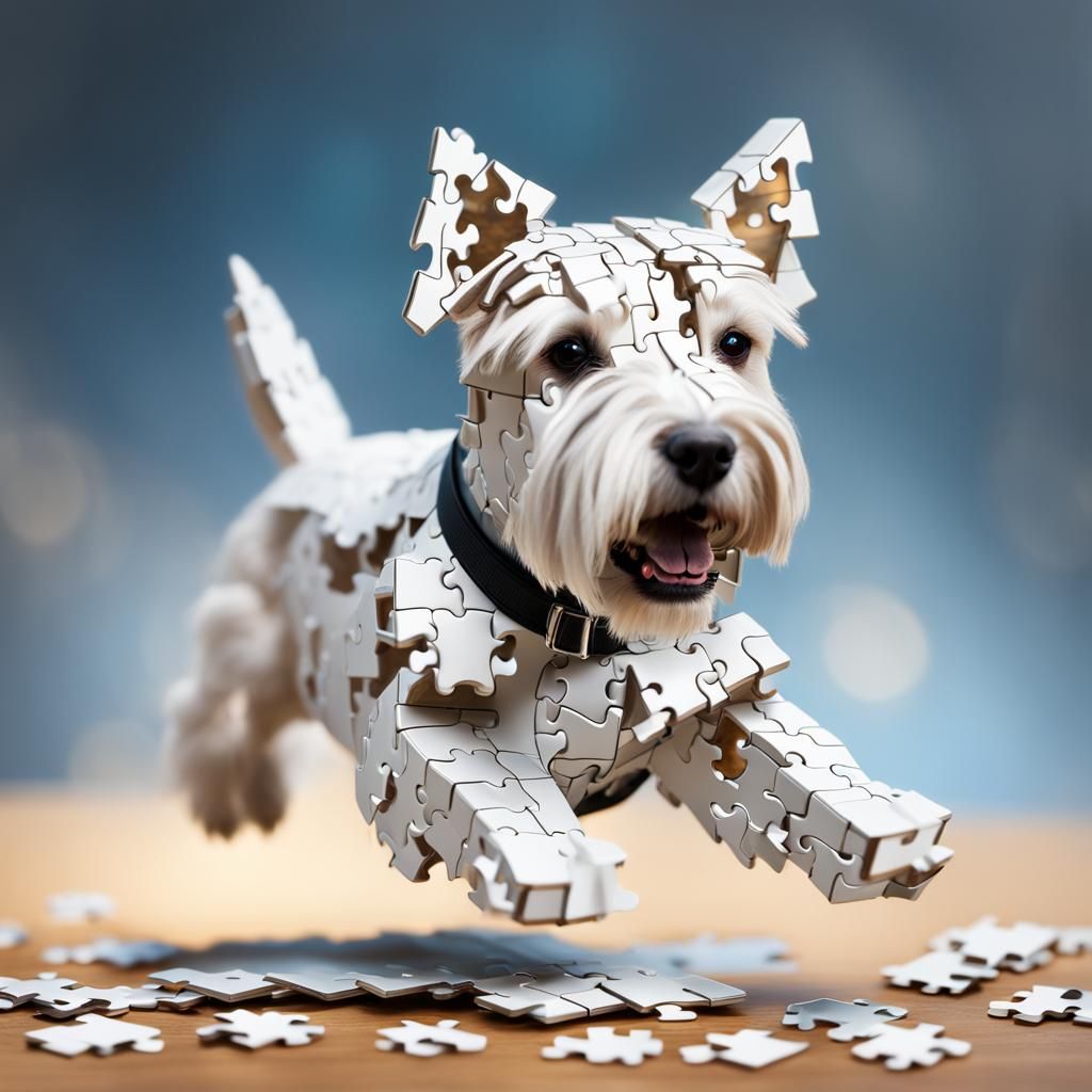 Westie made from hyperdetailed hyperrealistic puzzle pieces jumping, puzzle pieces trail underneath it ...  by @Heather