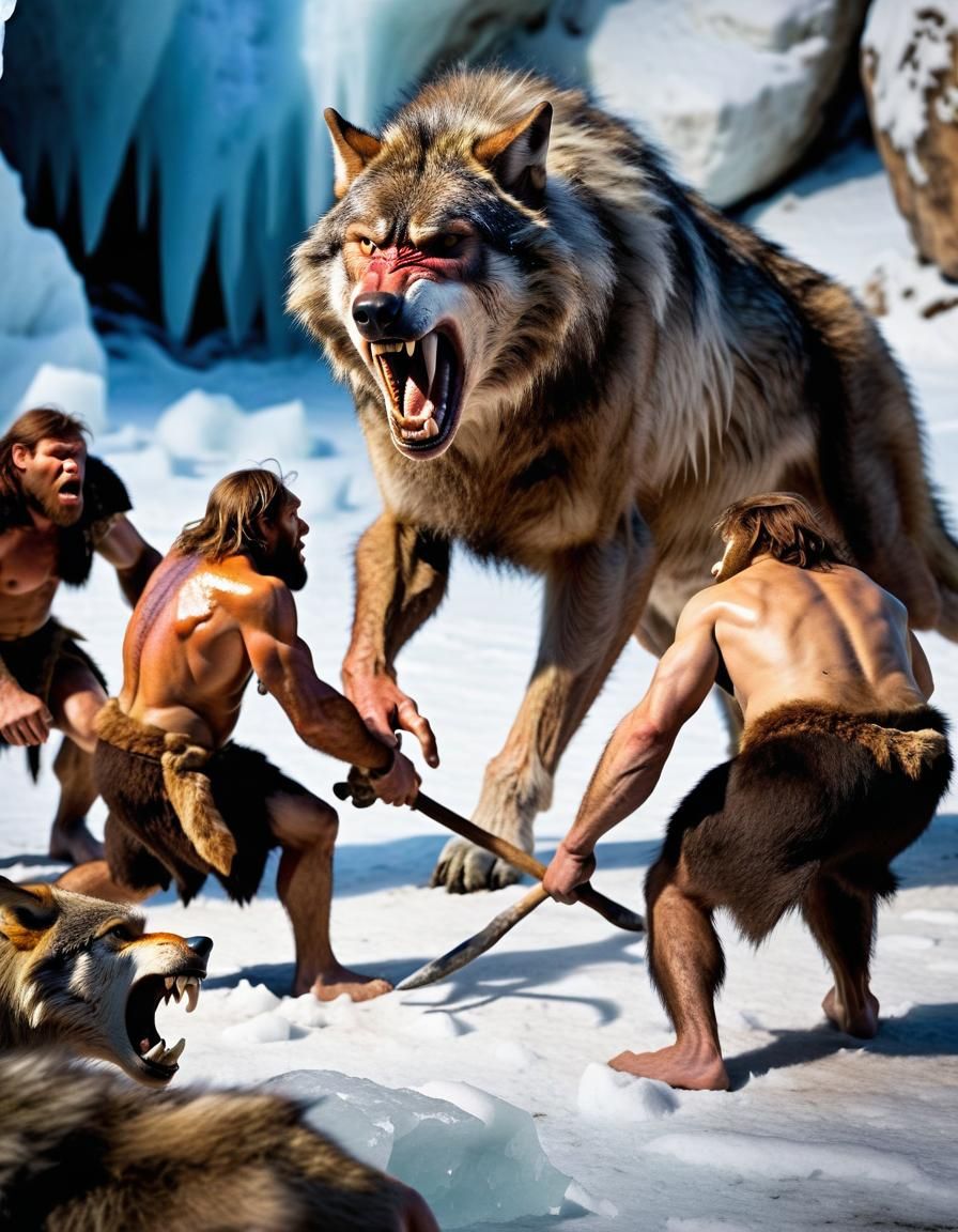 Nature photography. Cavemen, ice age. Wolves versus neandert...