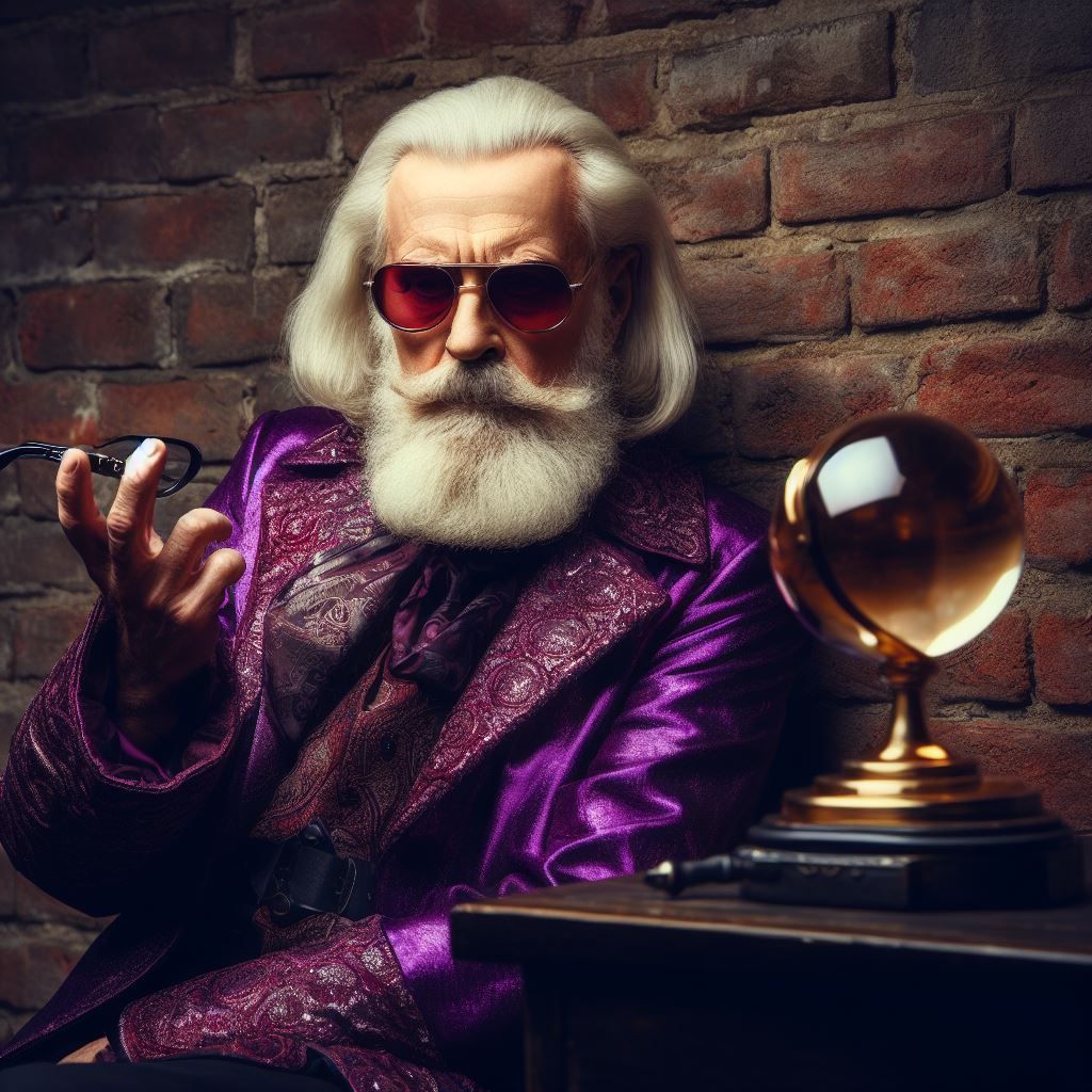 Old stylish wizard dressed in purple