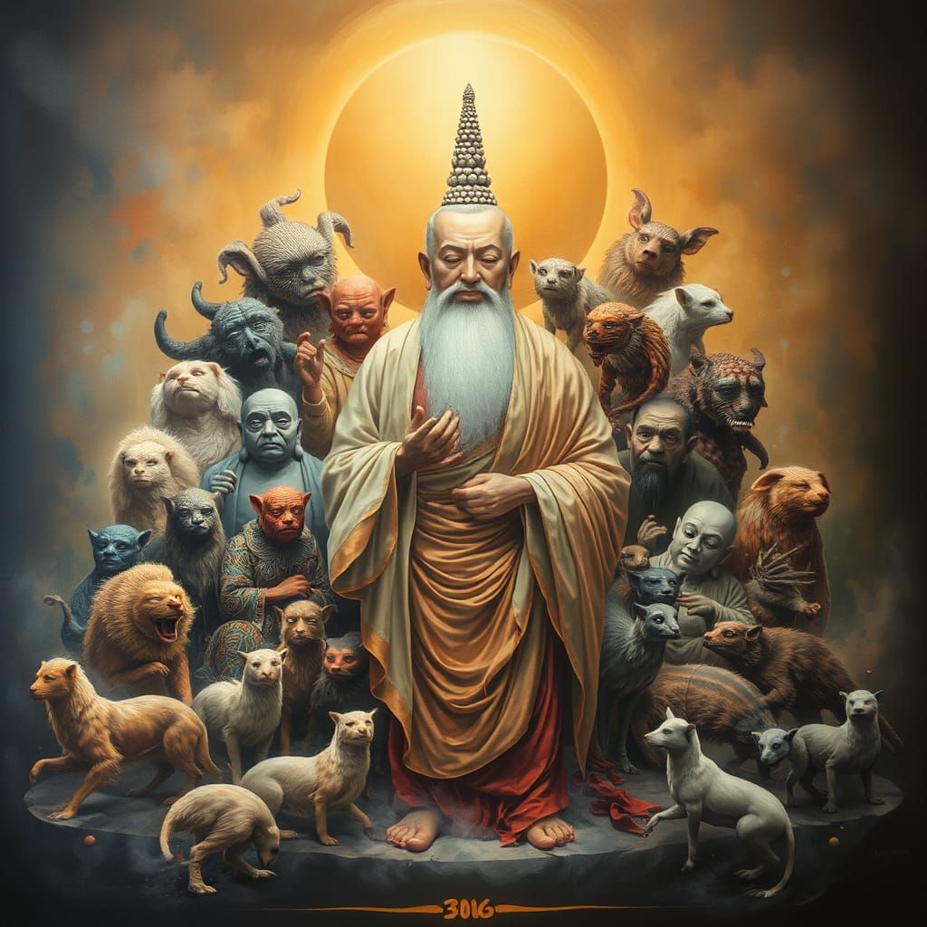 Surreal Buddhist Priest in Melting Oil Painting