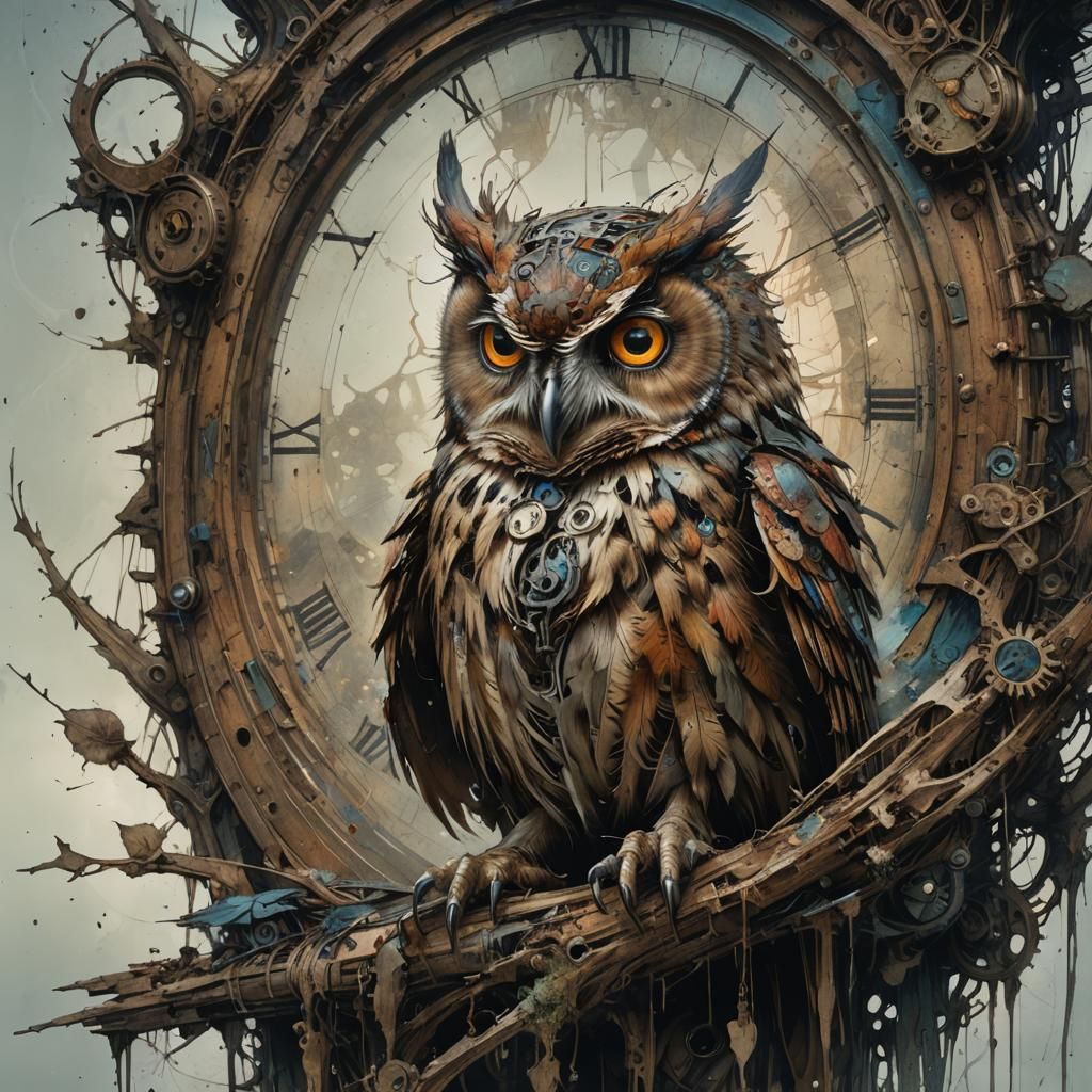 Clockwork owl, by Carne Griffiths Ismail Inceoglu Arthur Rackham Brian Froud  by @vixyna