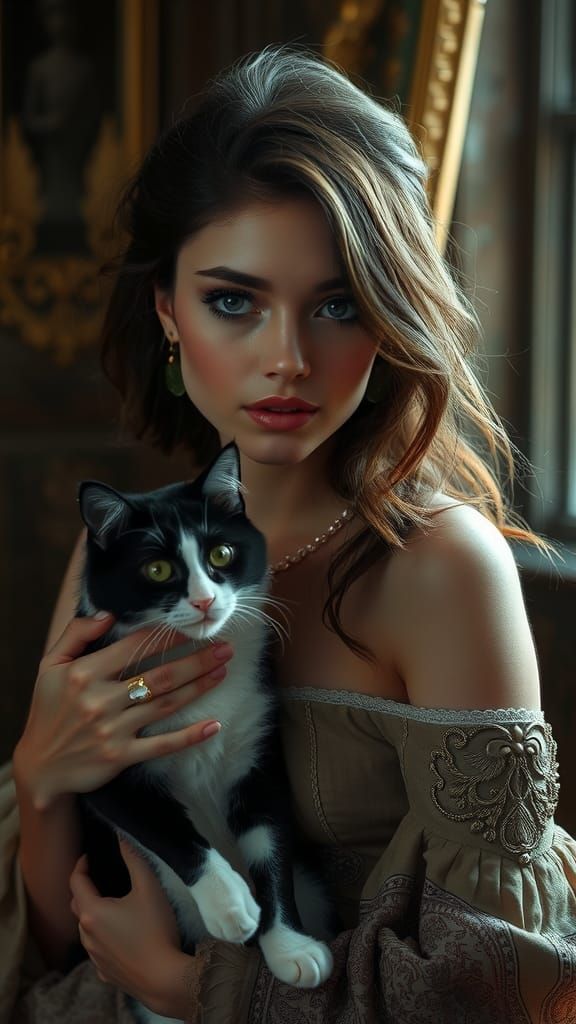 Elegant Model with Cat in Moody Cinematic Style
