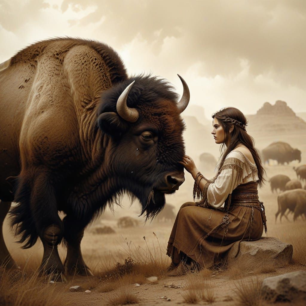 Sioux girl petting a bison in a sepia photograph by Sarah Creswell :: Luis Royo :: Pino Daeni :: Enki ...  by @Petra Bone