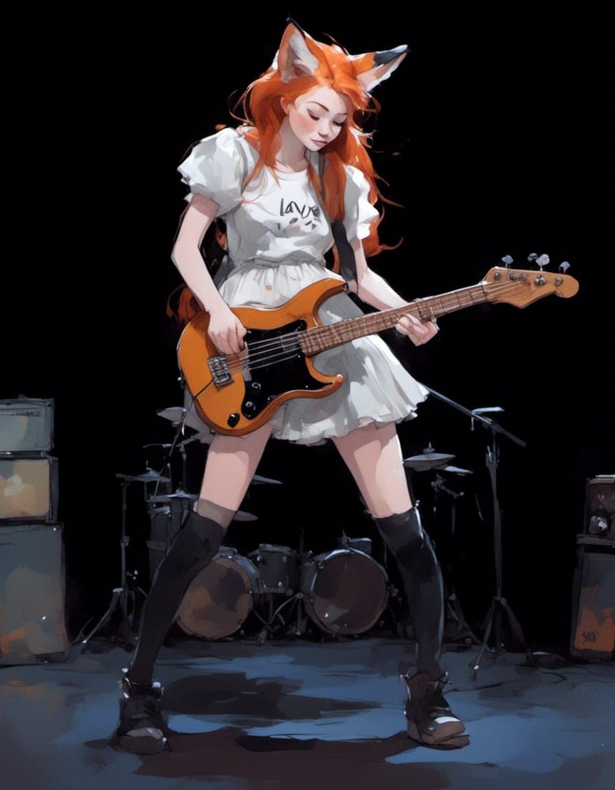Adorable Fox-girl VIXEN, playing bass guitar on stage.