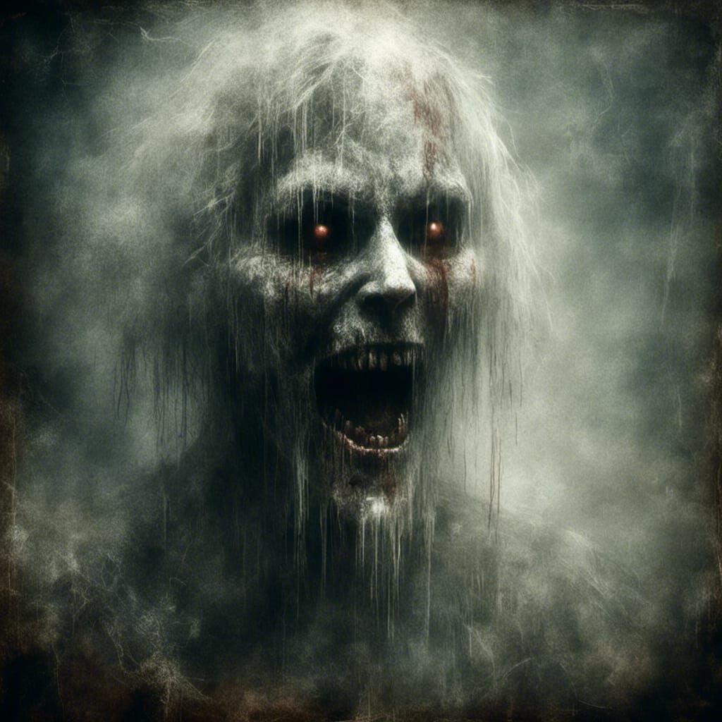 <lora:Ghostly Spirit:1.0> a ghostly spirit of a demonic clown face depicted using gritty textures, a muted palette, and a translucent spirit...