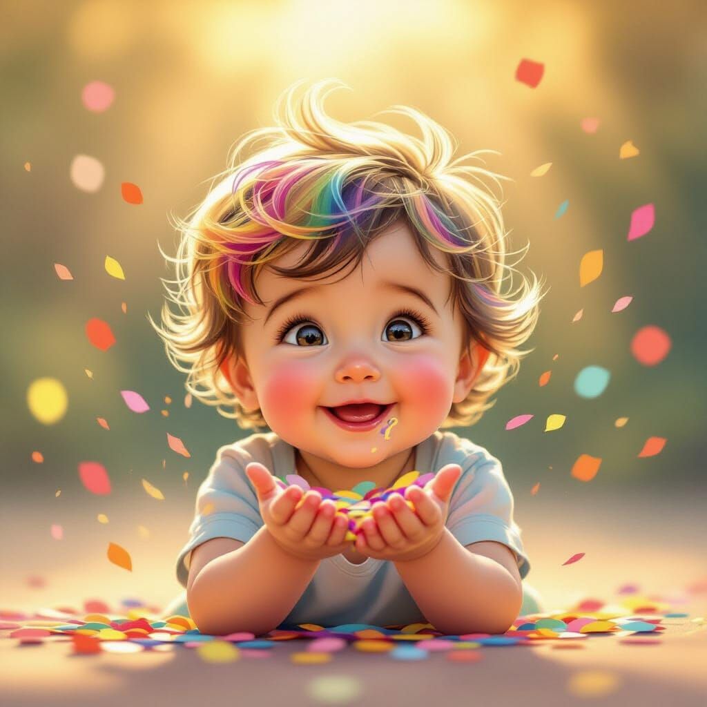 Joyful Baby With Rainbow Hair Exploding Confetti