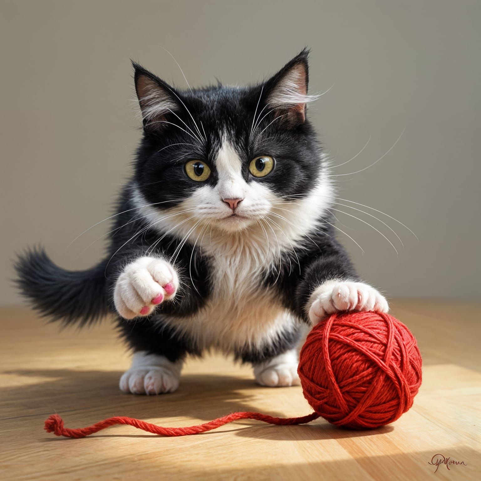 Create my tuxedo cat playing with a yarn ball . Get the cat picture from my photo album