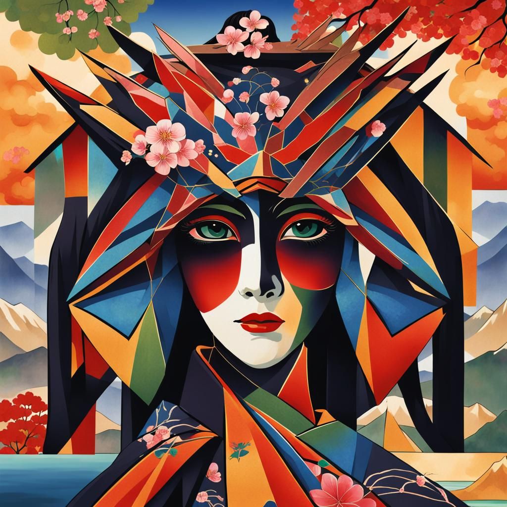 Woman in an intricate kimono ,  beautiful ancient sakura tre...