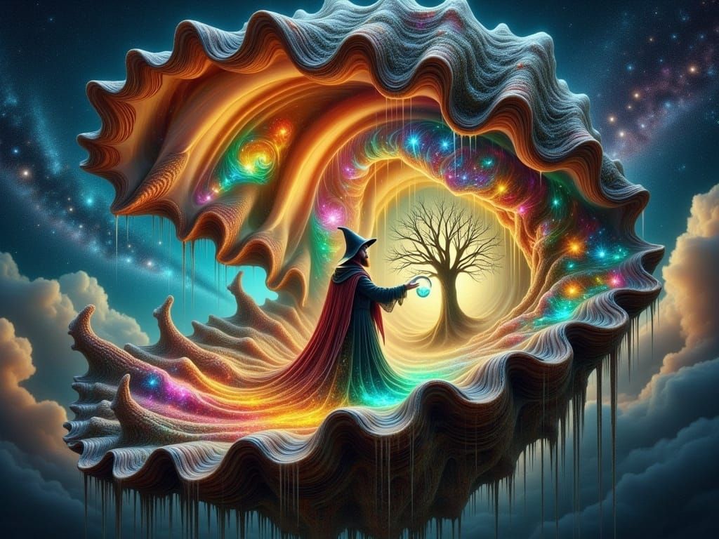 <lora:FiosFantasySeashells:1.0> Hyperdetailed fantasy art of giant open curly chambered Nautilus shell in a Floating celestial galaxy in the...