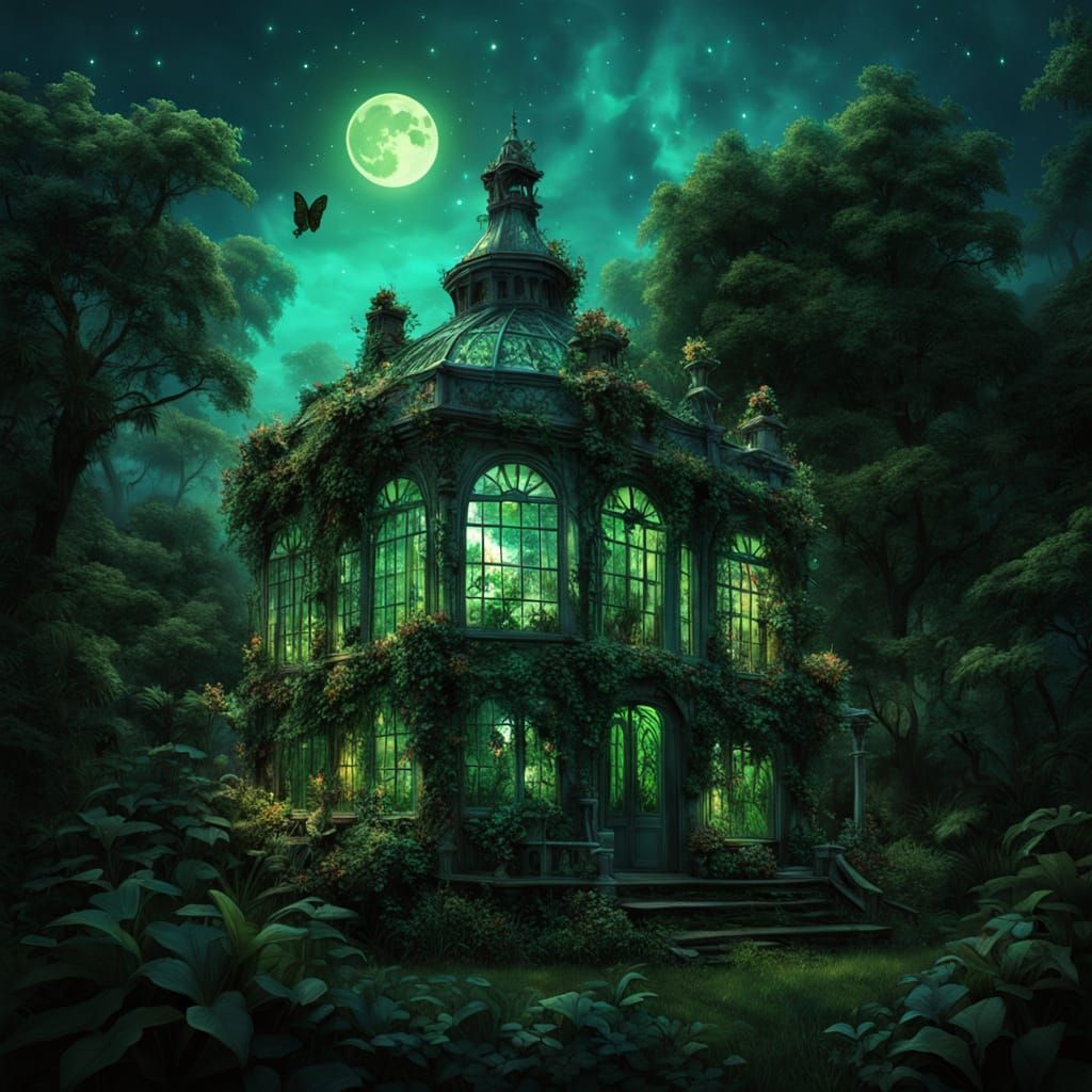 Overgrown Victorian intricate decrepit glass green house with otherworldly glowing array of unusually ...  by @Sumikokeel