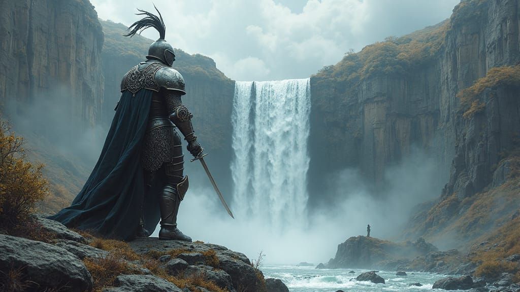 A heroic Jack of Spades, portrayed as a stoic knight in ornate armor crafted from card patterns, standing guard before a colossal waterfall ...