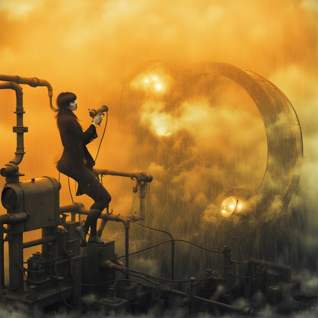 fog. giant oscilloscope. corroded steel pipes. rain. female ...