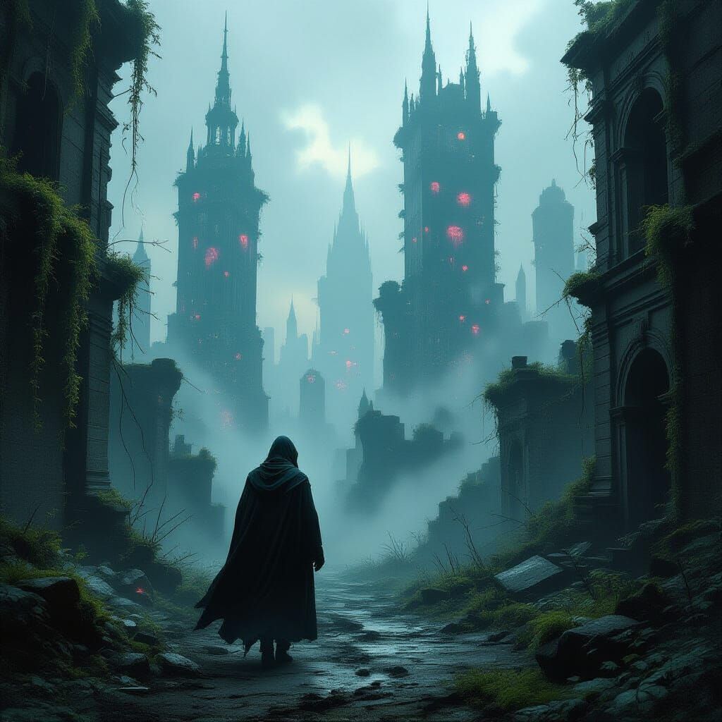 A solitary figure, cloaked and hooded, walks through a decaying, overgrown cityscape where nature has reclaimed the ruins. Vines climb skele...