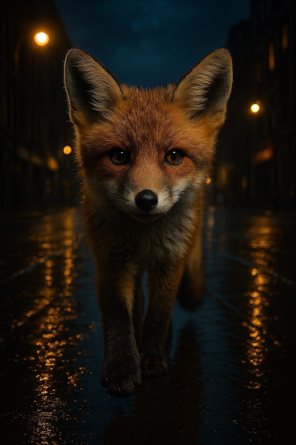 גור שועל הולך ברחוב רטוב בלילה