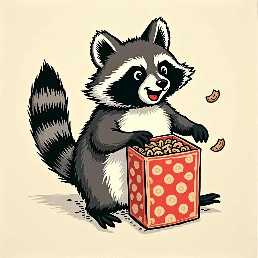 japanese woodcut inspired happy raccoon opening a box of cer...