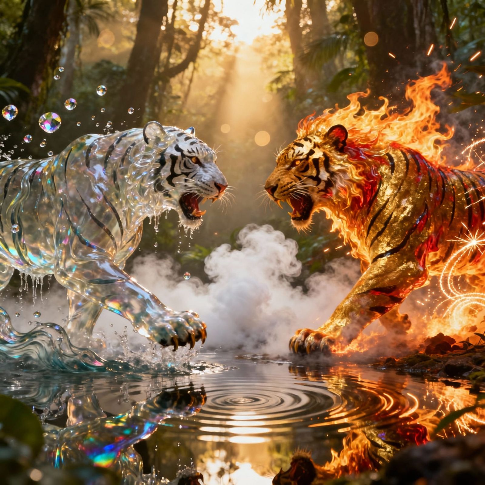 Two majestic tigers clash in a hyper-realistic cinematic tableau, their snarling faces mere inches ...  by @JOOOO