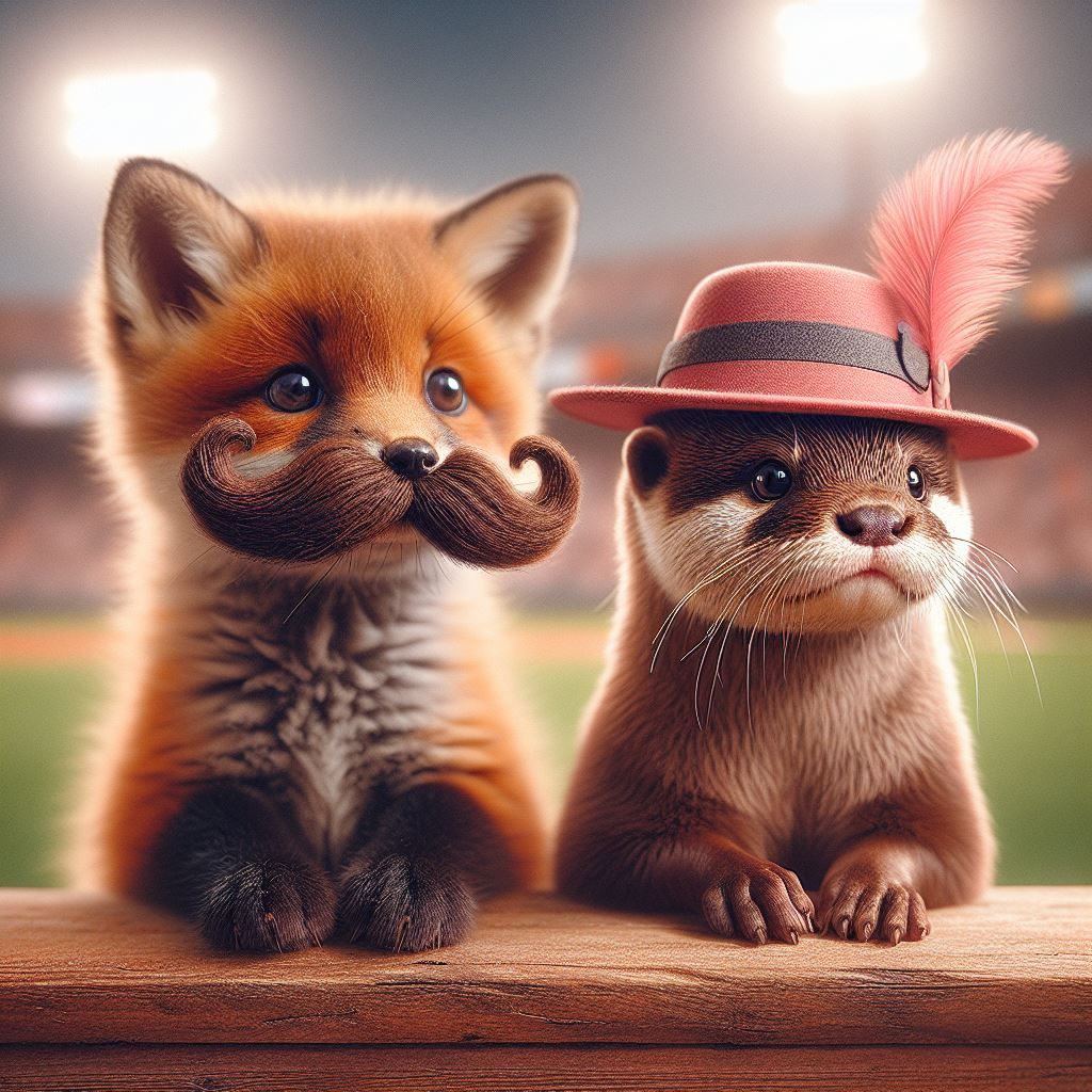 Fox pup wearing a mustache and otter wearing a hat
