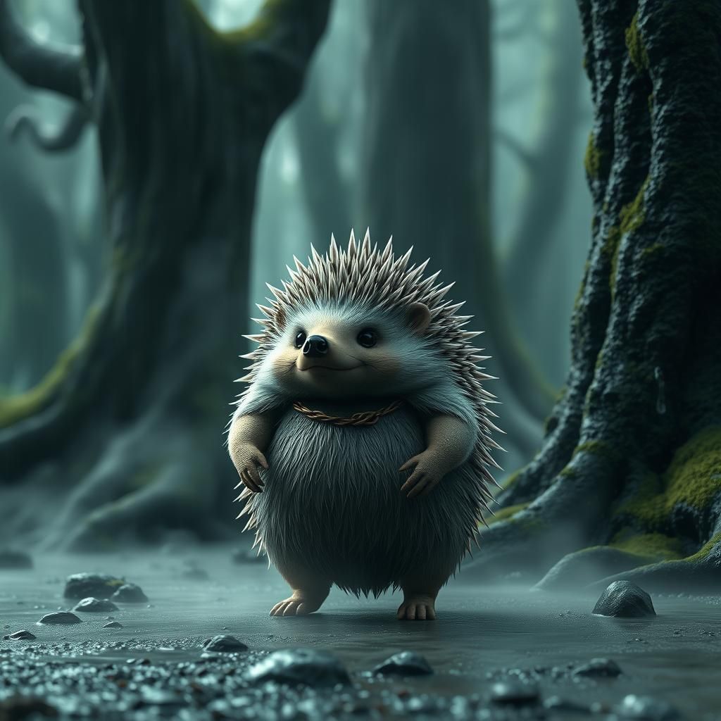 sumo hedgehog in a rainy mysterious forest
