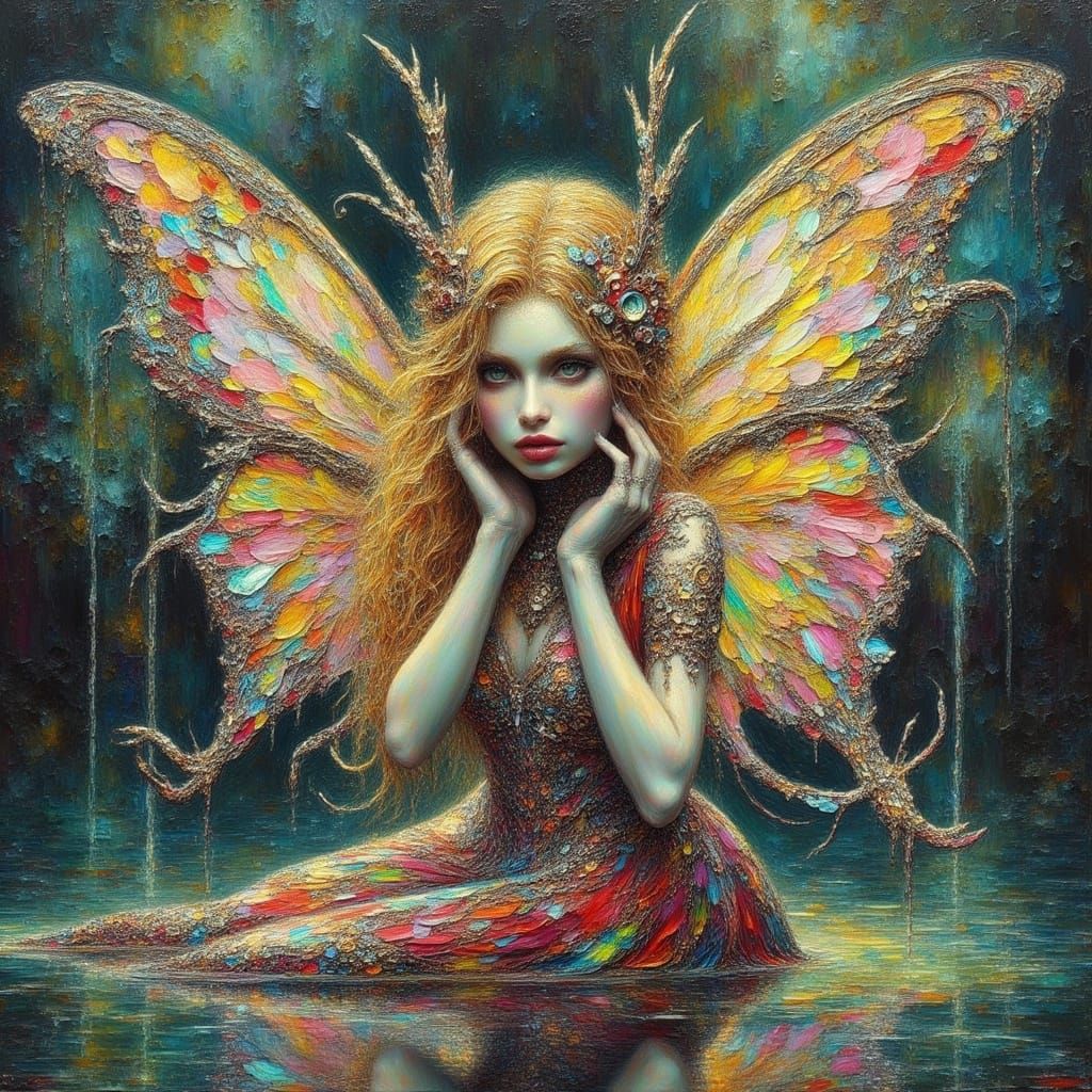 <lora:Impax v2:1.0>impasto oil painting with harsh strokes   The most beautiful fairy princess in a pond by the daylight , multiolored wings...