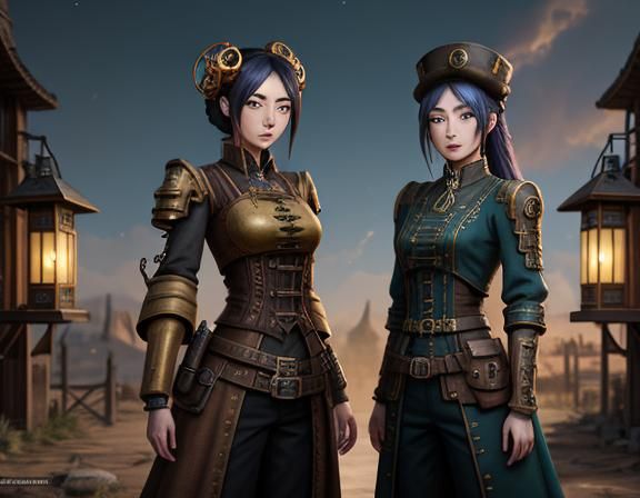 two steampunk anime women, holding lanterns, standing in a K...