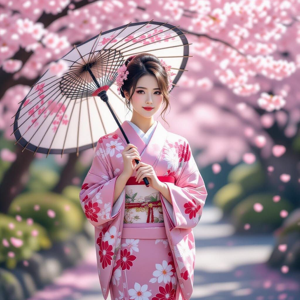 Japanese Singer in Pink Kimono with Umbrella in Cherry Bloss...
