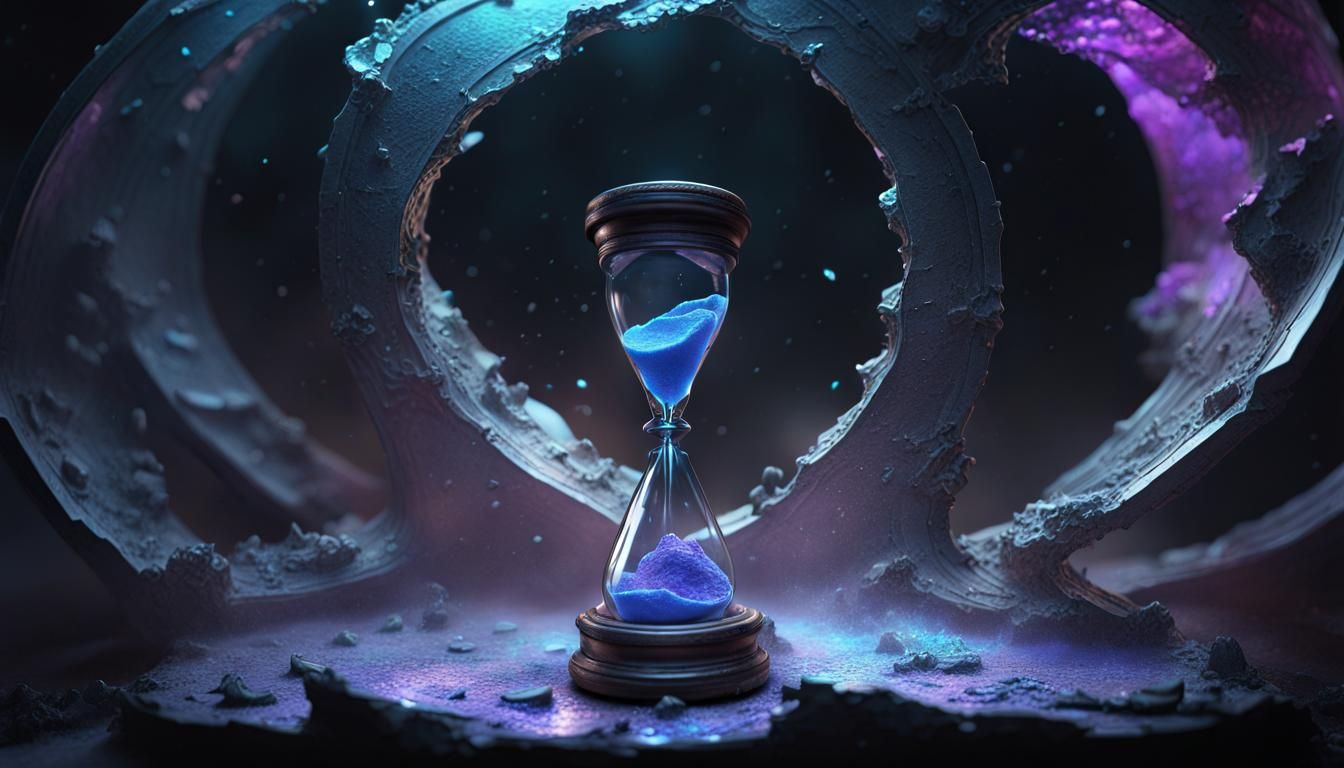 a smashed hourglass, infinite time, extreme detail, cosmic b...