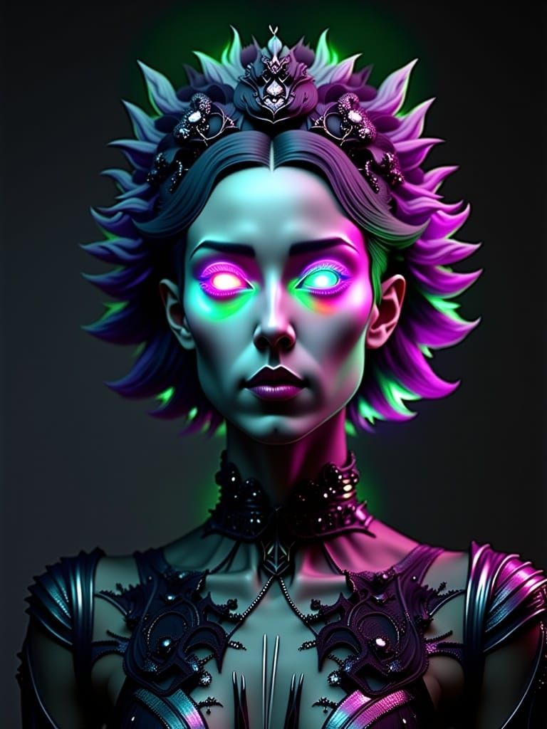 Cover art, insanely detailed Cinematic dramatic starkly lit uv-blacklight neon lurid badlands HD Enameled Glass Marquetry Figurine; (Glass C...