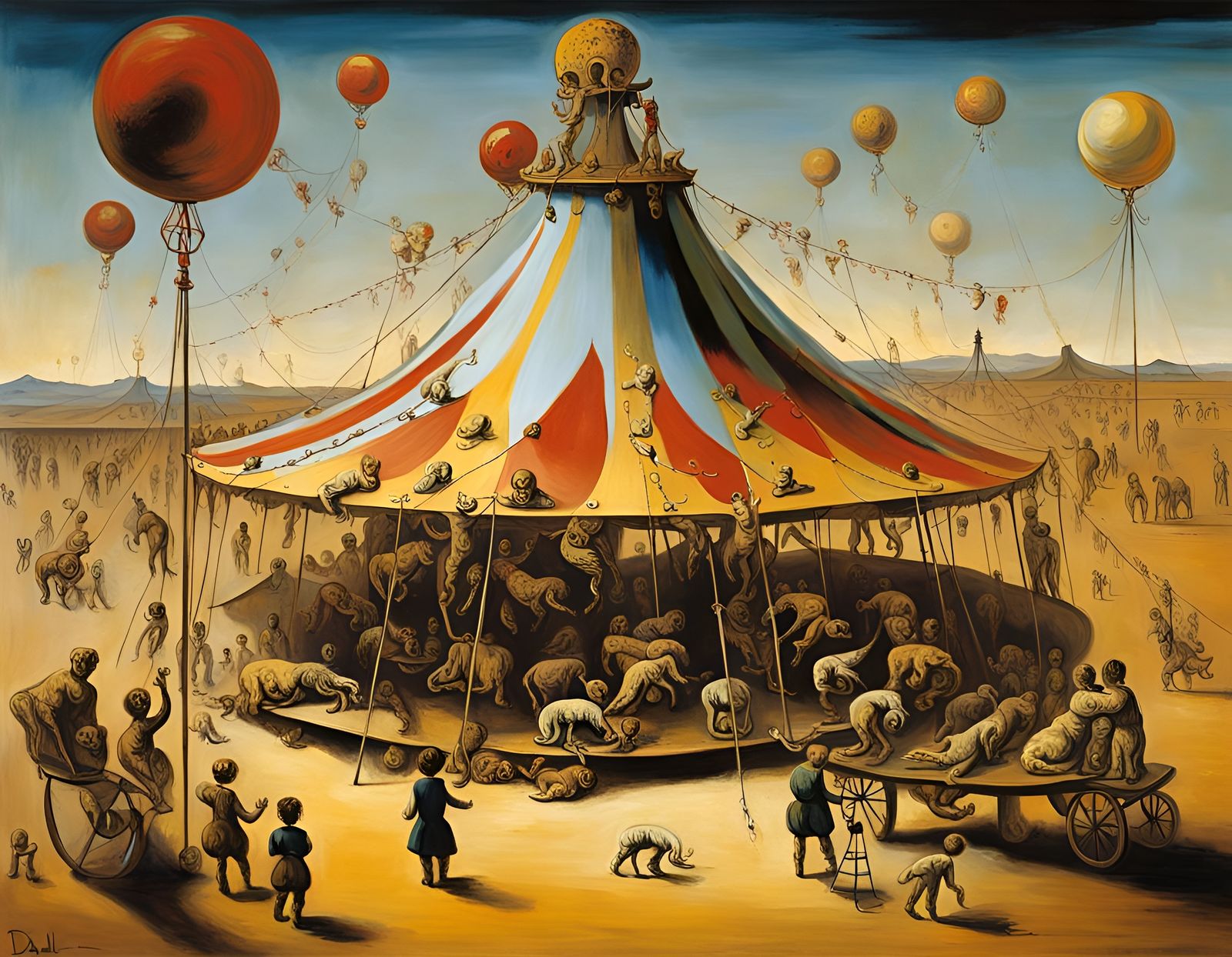 starving children at the circus, detailed oil painting, salvador dali