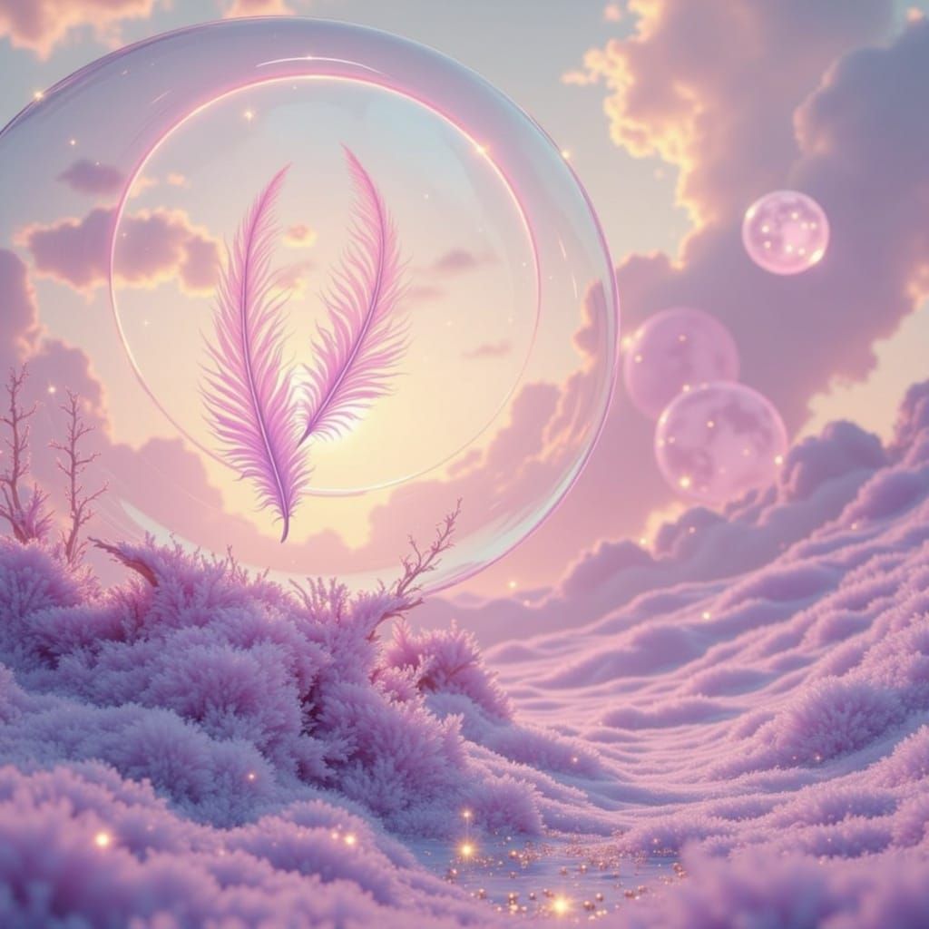 A surreal, dreamlike landscape where giant, iridescent bubbles float in a pastel sky. Within one of these bubbles is a cage made of solidifi...