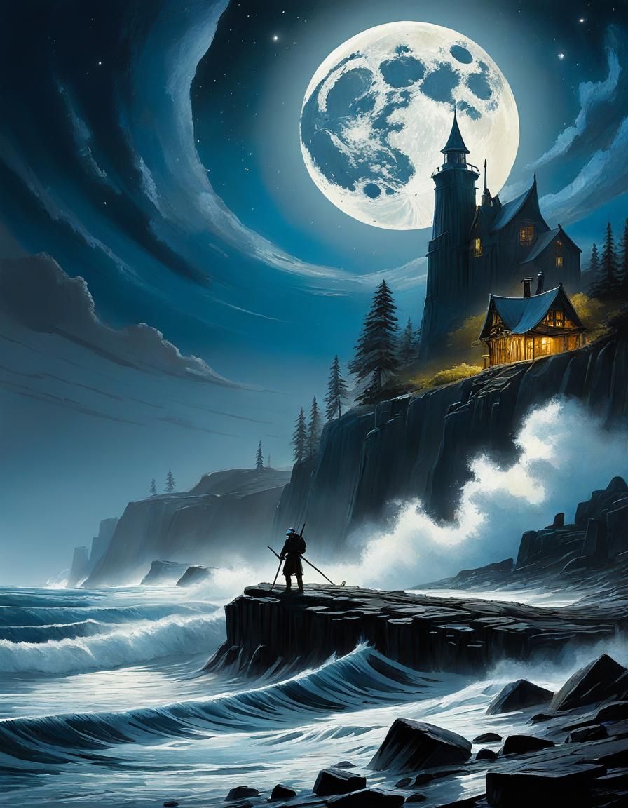 Moonlit Sentinel: A Knight's Vigil at the Ocean's Edge
