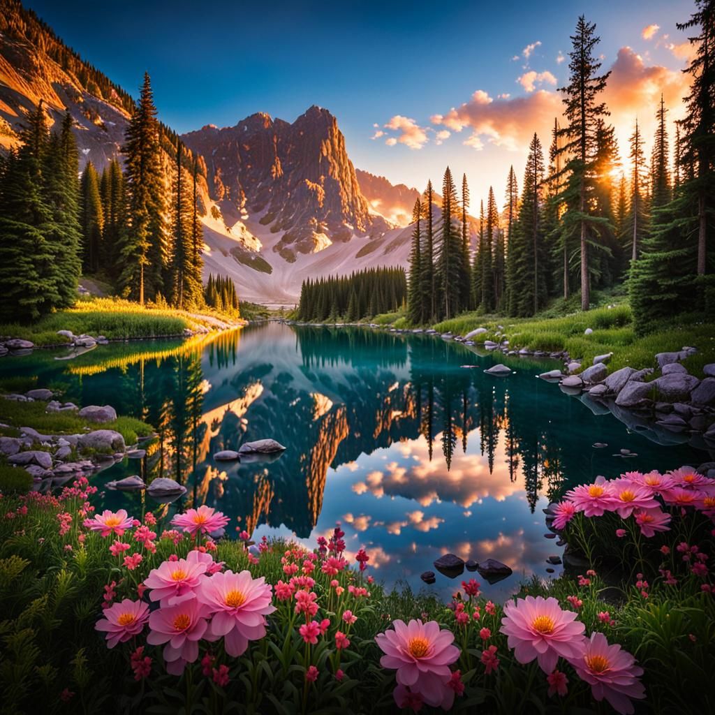 A serene landscape featuring a tranquil rocky mountain lake surrounded by tall trees and beautiful flowers at sunrise. The still water perfe...