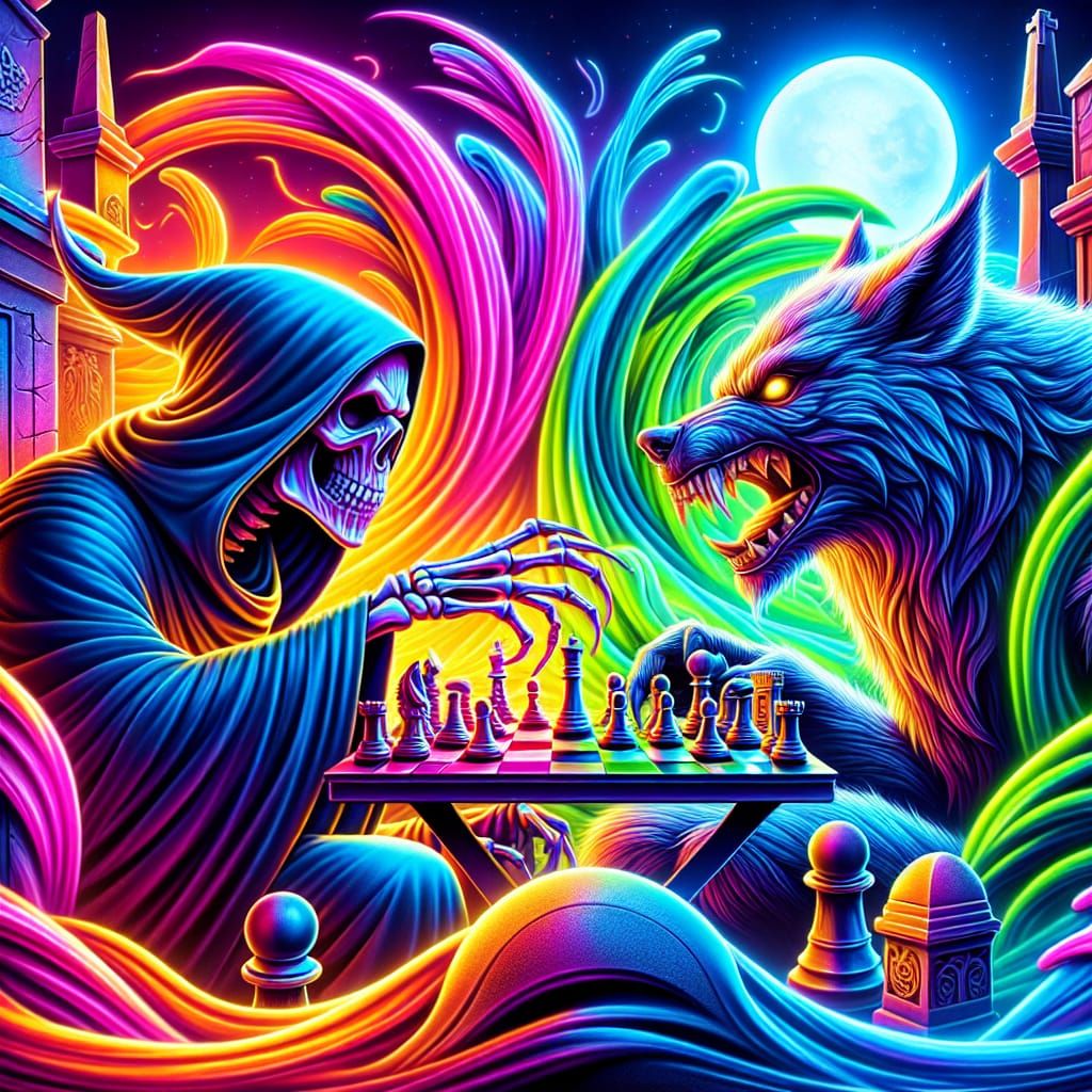 Digital vivid multicolored neon drawing of the Reaper playin...
