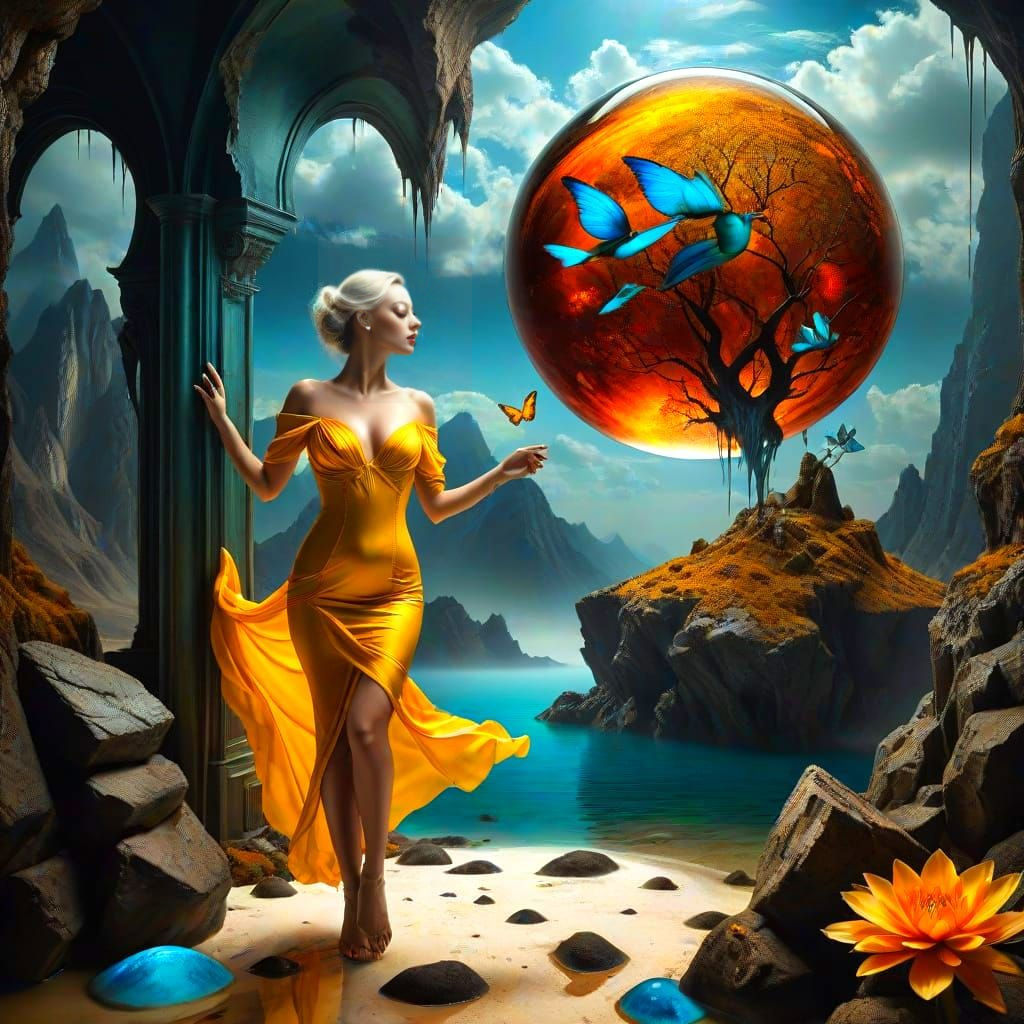 Surreal Lady in Vibrant Landscape