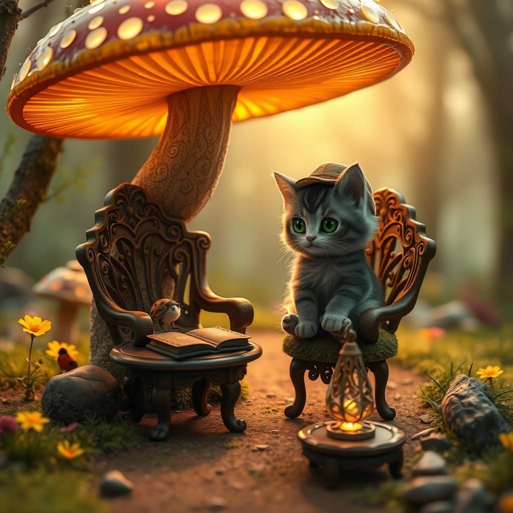 Enchanted Forest Kitten with Glowing Mushroom, 3D Render
