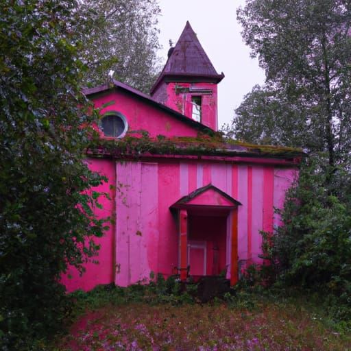 overgrown pink church in the rain