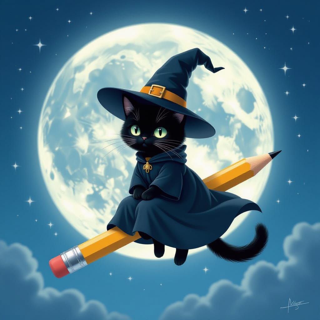 masterpiece, best quality, a cute female black cat dressed as a witch flies on a large pencil in front of the full moon.