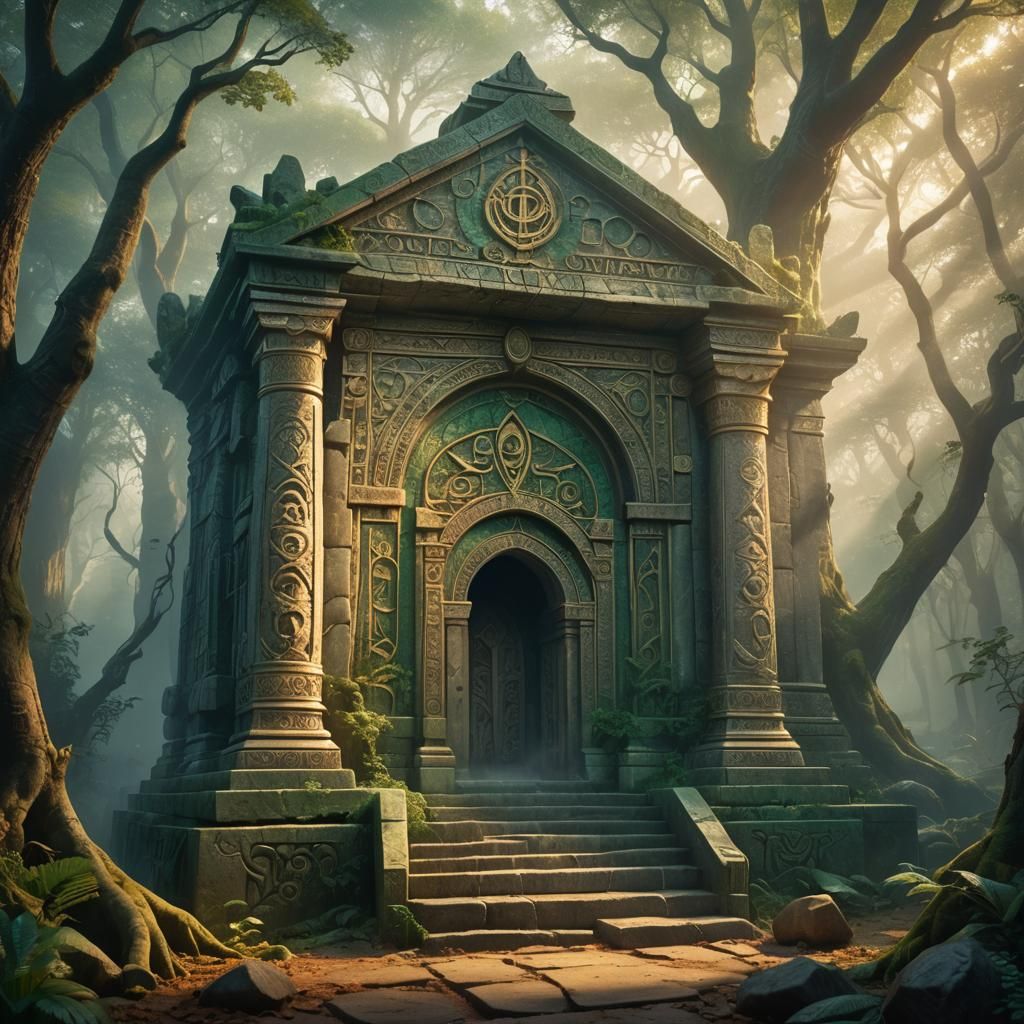 Mystical Tomb in Misty Forest: Fantasy Concept Art