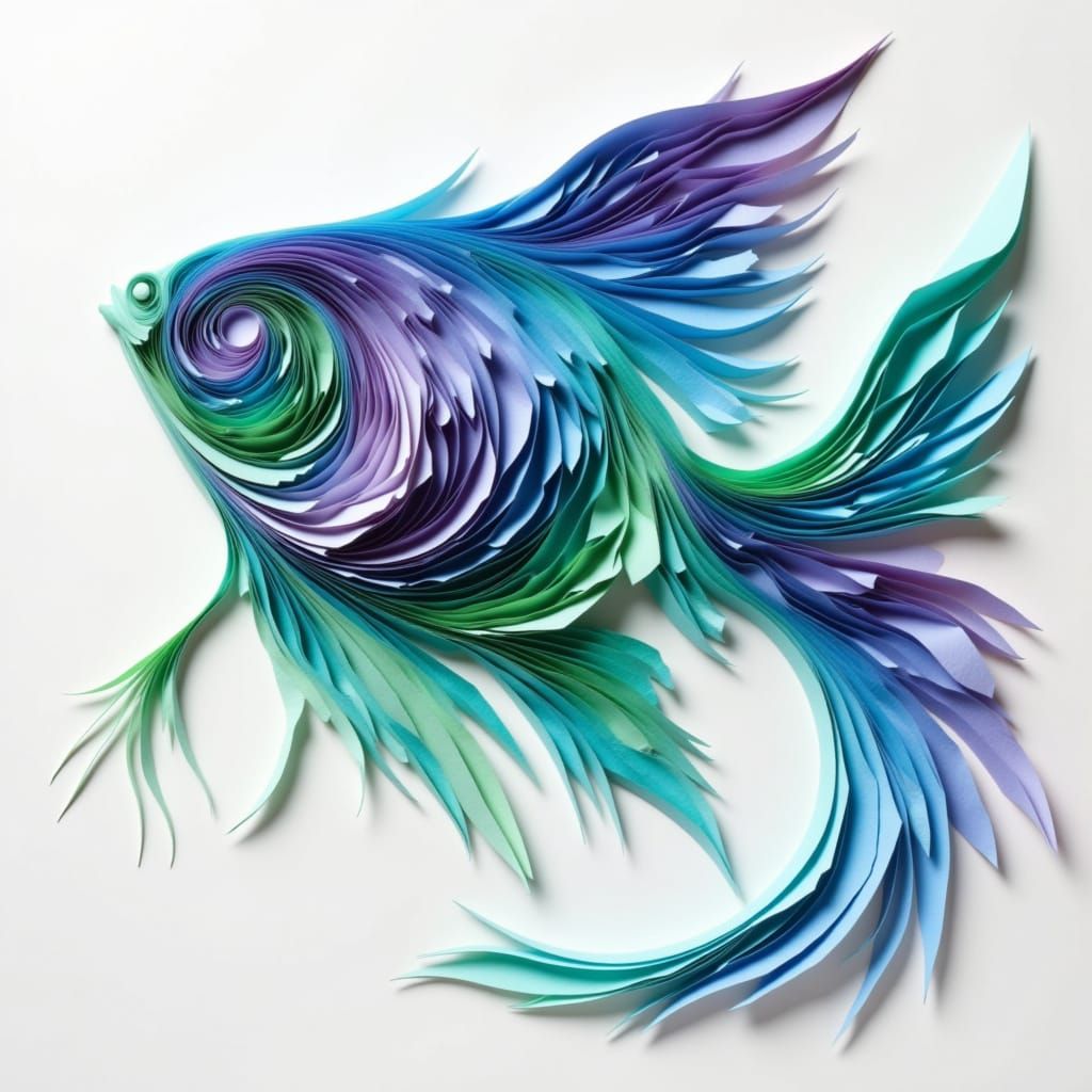 <lora:layers:1.0> zodiac fish swimming in different directions, composed of layers of peeling paper strips, with soft complementary transiti...