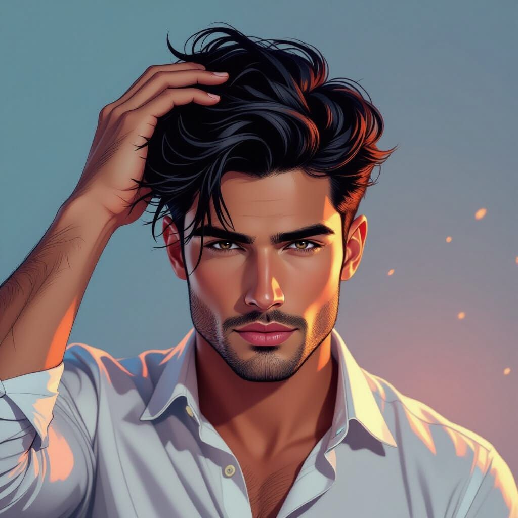 Handsome Man with Black Hair Confidently Stroking Hair