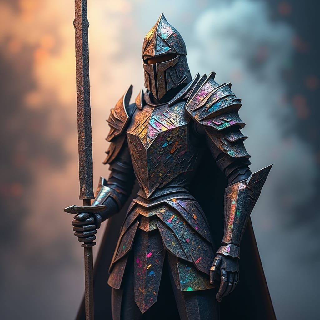 <lora:Sunstone Lattice:1.0> A Knight in armor made entirely from rainbow lattice sunstone intricate details, HDR, hyperrealistic, Epic cinem...
