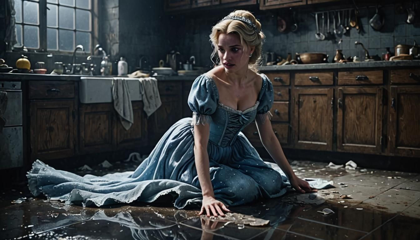 Poor Cinderella crawling at the dark kitchen with no light, ...