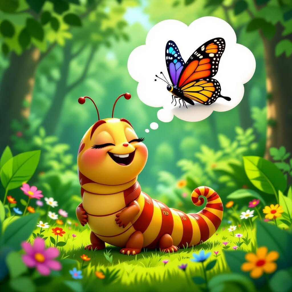 Happy Caterpillar's Butterfly Dream in 3D Style