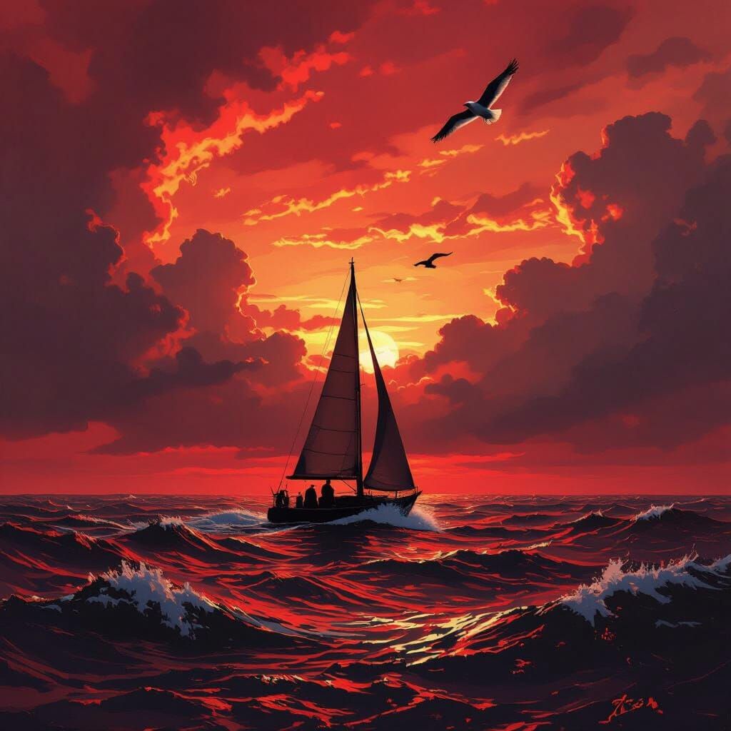 Epic seascape at sunset, vibrant crimson sky bleeding into scarlet ocean, lone sailboat silhouette, seagull ...  by @Alina 