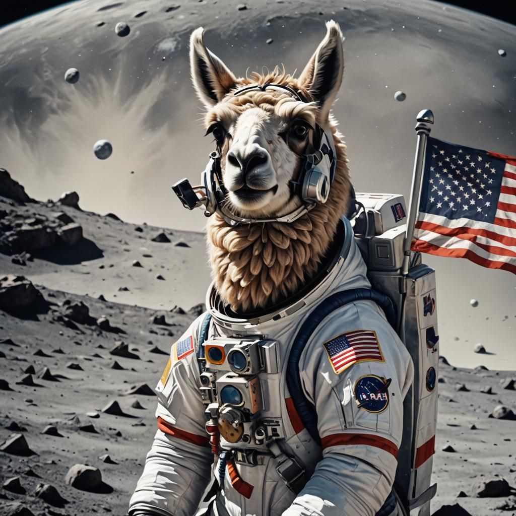 Llama Astronaut on the Moon: Hyperrealistic Splash Art