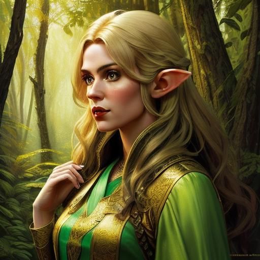 <lora:DS8 portrait:1.0>Oil painting Portrait of a beautiful female elf ranger in the forest. By Julie Bell. Elaborate background. High resol...