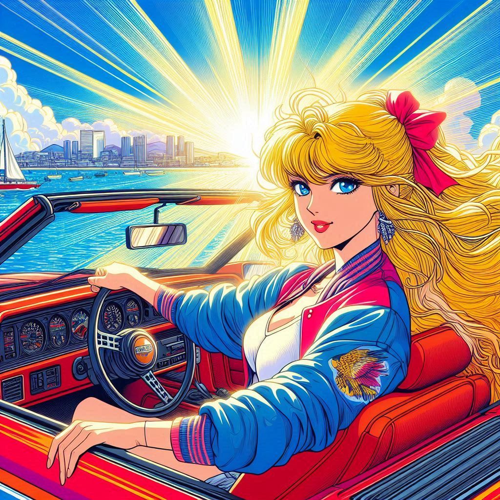 a 1980s anime style image of a blonde haired woman fashion m...