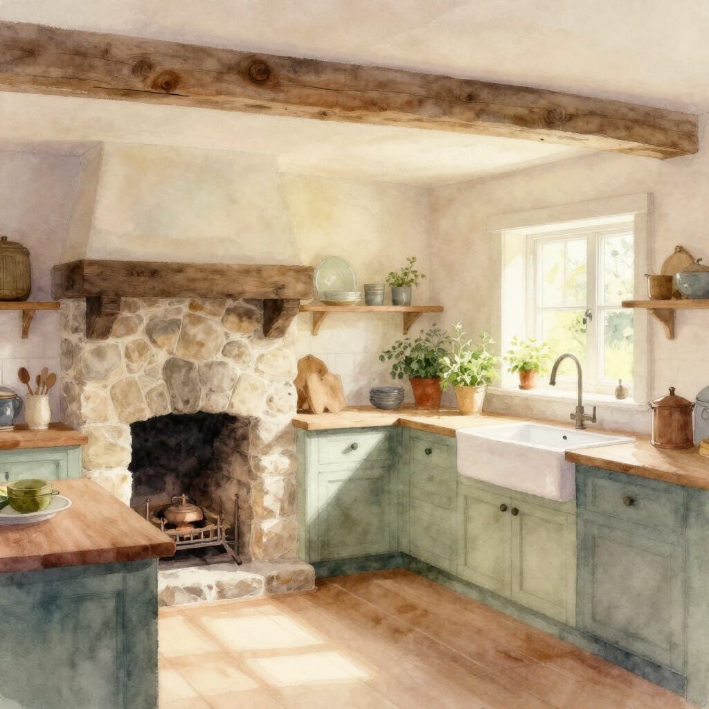 calming kitchen zen farm house with mild modern design cottage core elements  by @Heather